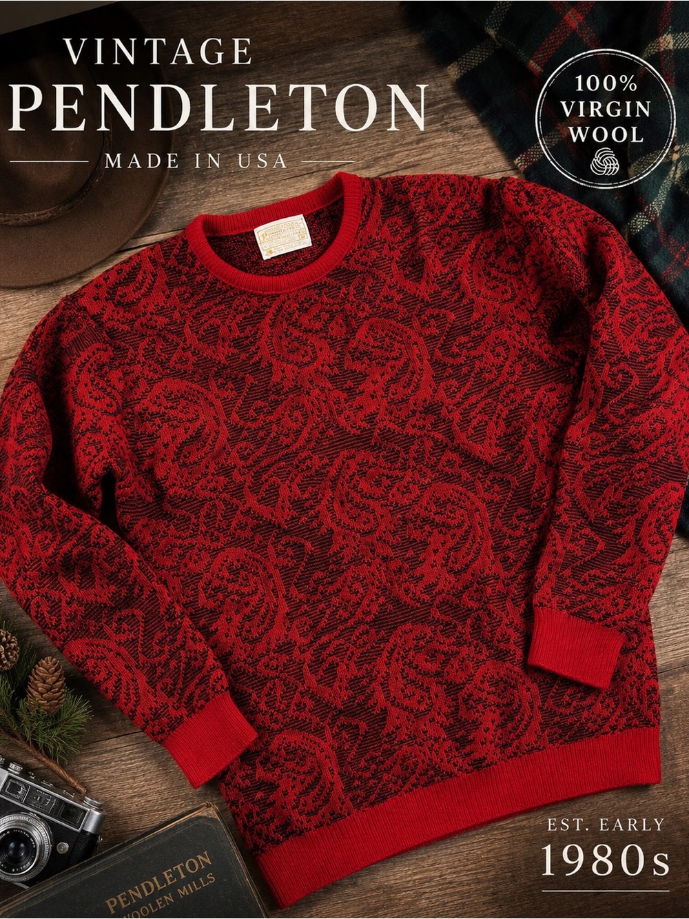 Vintage 80s Pendleton 100% Virgin Wool Sweater Made USA Red Black Paisley Medium
